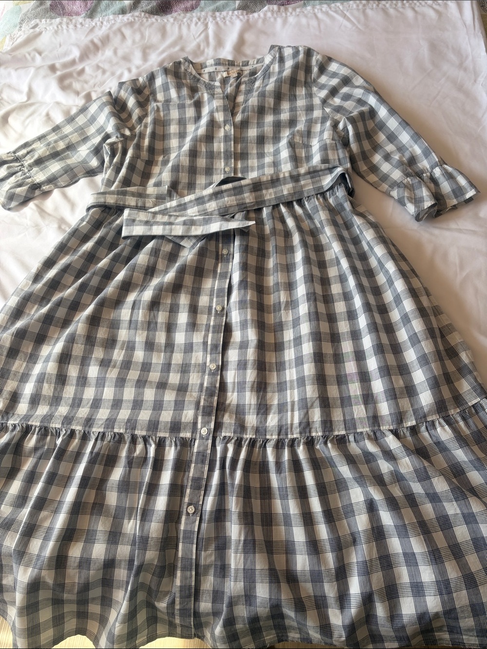 Barbour Gray and White Gingham Long Sleeve Maxi Dress with Waist Tie - Picture 7 of 12